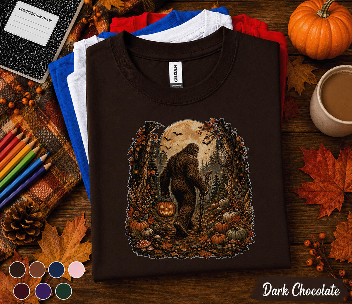 Bigfoot Halloween Fall Shirt, Sasquatch Pumpkin Tee, Spooky Autumn Forest T-Shirt, Cryptid Moon Night Shirt, Cozy Halloween Gift Men Women