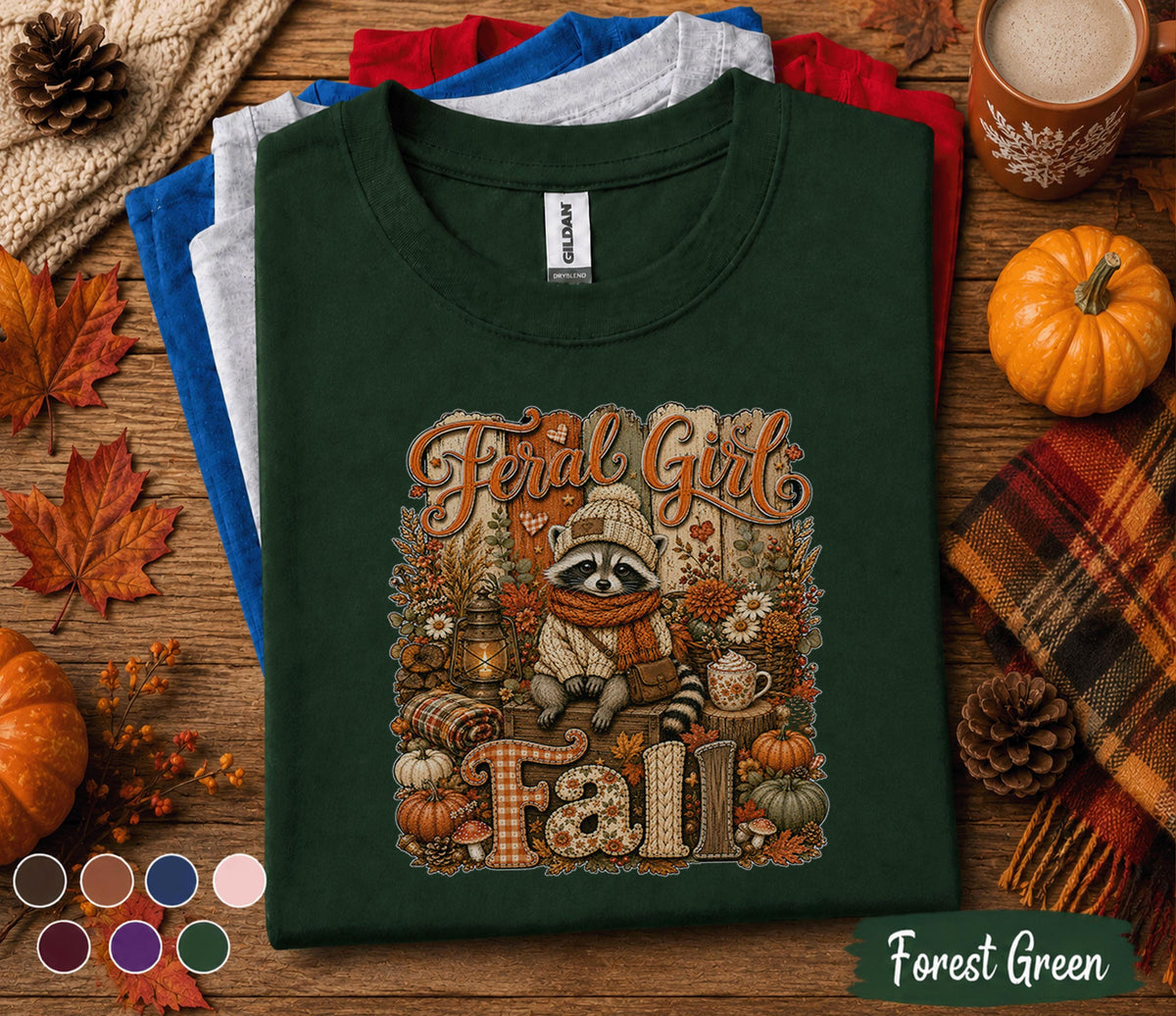 Feral Girl Fall Shirt, Cute Raccoon Autumn Tee, Cozy Woodland Animal Pumpkin Shirt, Rustic Harvest Season Sweatshirt, Funny Fall Lover Gift