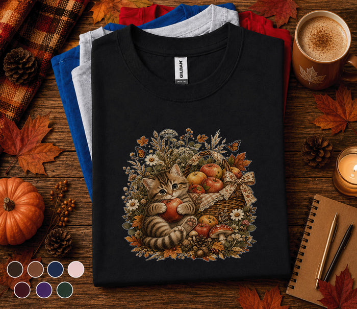 Cute Fall Kitten Shirt, Autumn Cat Apple Basket Tee