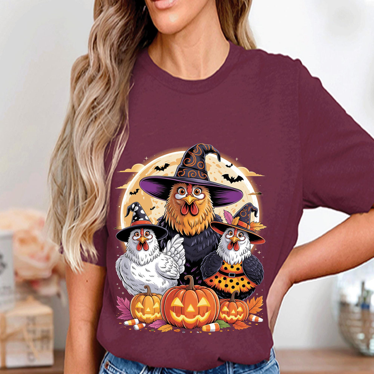 Chicken Family Halloween Shirt, Witch Hen with Pumpkins Tee, Spooky Farm Animal Costume Top, Funny Poultry Fall Harvest Halloween Gift
