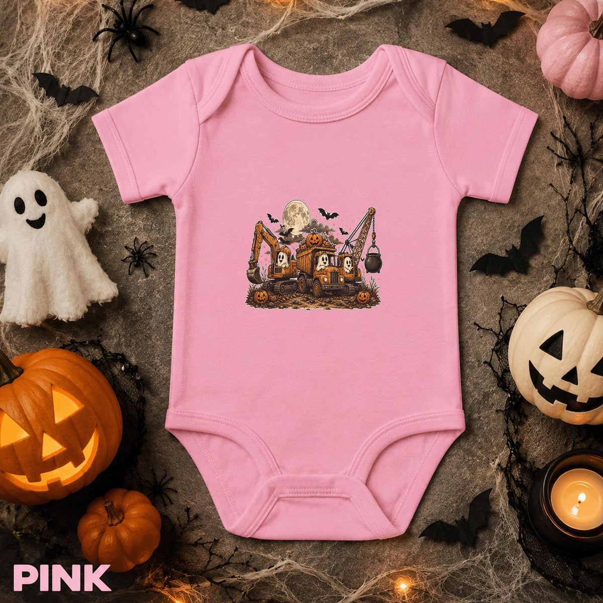 Construction Truck Halloween Baby Bodysuit, Ghost Excavator Infant Onesie, Pumpkin Crane Spooky Baby Outfit, First Halloween Baby Gift