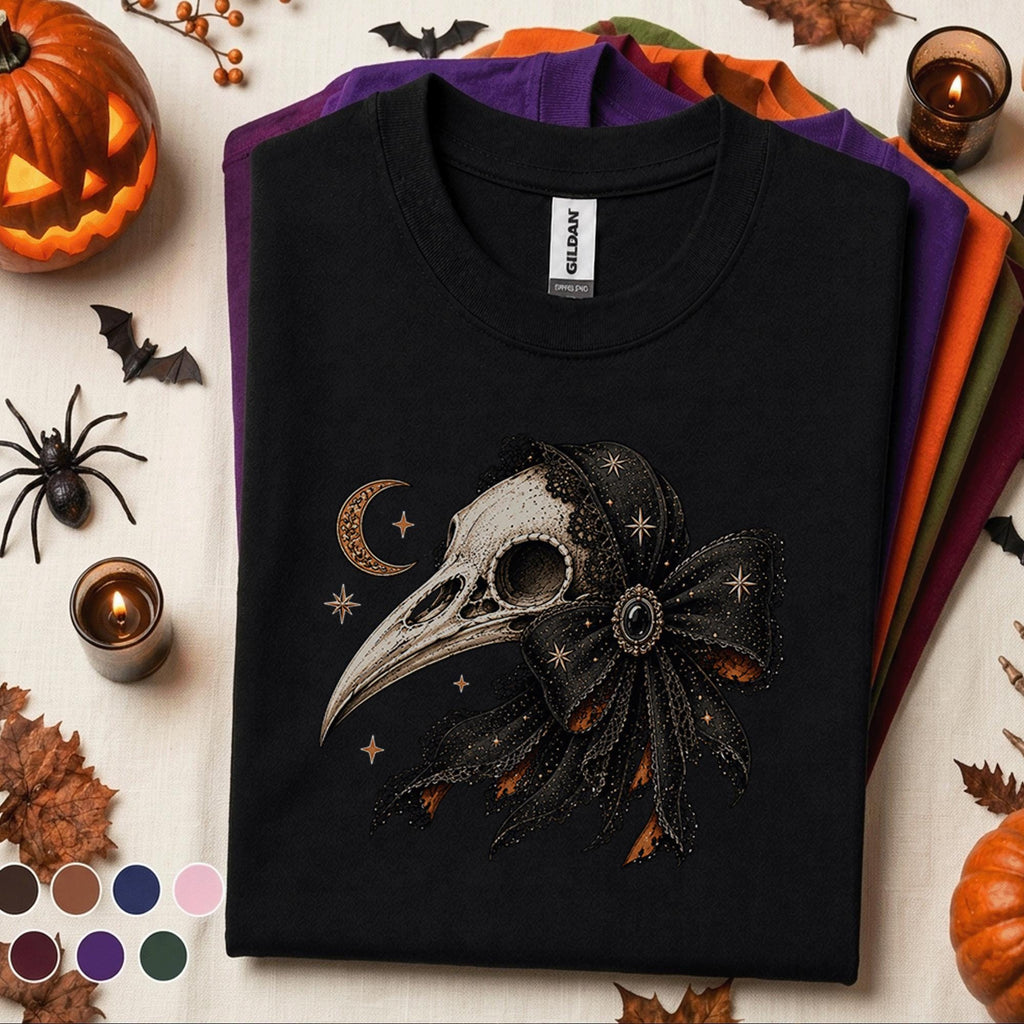 Gothic Raven Skull Halloween Shirt, Celestial Crow T Shirt, Spooky Season Tee, Dark Witchy Shirt, Halloween Goth Gift for Women