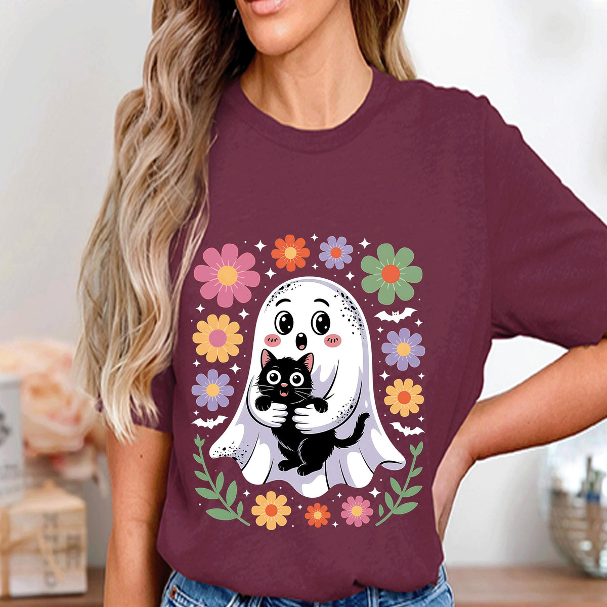 Cute Ghost Cat Flowers Shirt, Spooky Kawaii Halloween Tee, Haunted Ghost Cat Costume, Girls Halloween Shirt, Women Halloween Sweatshirt Gift