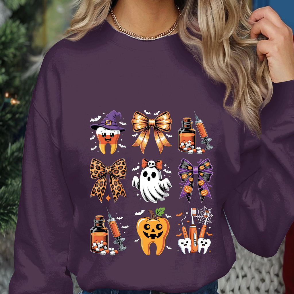 Dentist Halloween Dental Shirt Ghosts Pumpkins Teeth Bows, Spooky Dentist Hygienist Syringe Graphic Tee, Gift Dental Halloween Sweatshirt