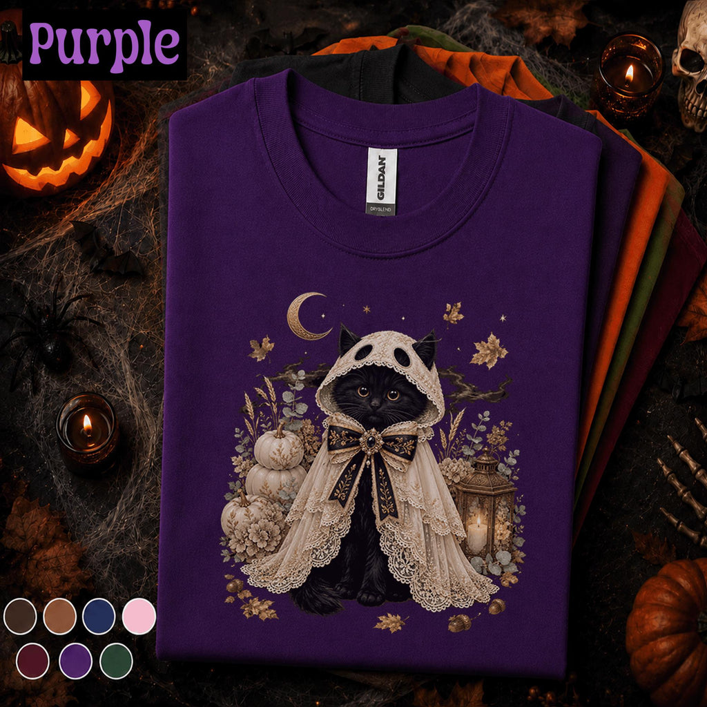 Black Cat Halloween Shirt, Cute Ghost Costume Cat Tee, Gothic Cottagecore Halloween, Spooky Autumn Pumpkin Shirt, Cat Lover Gift