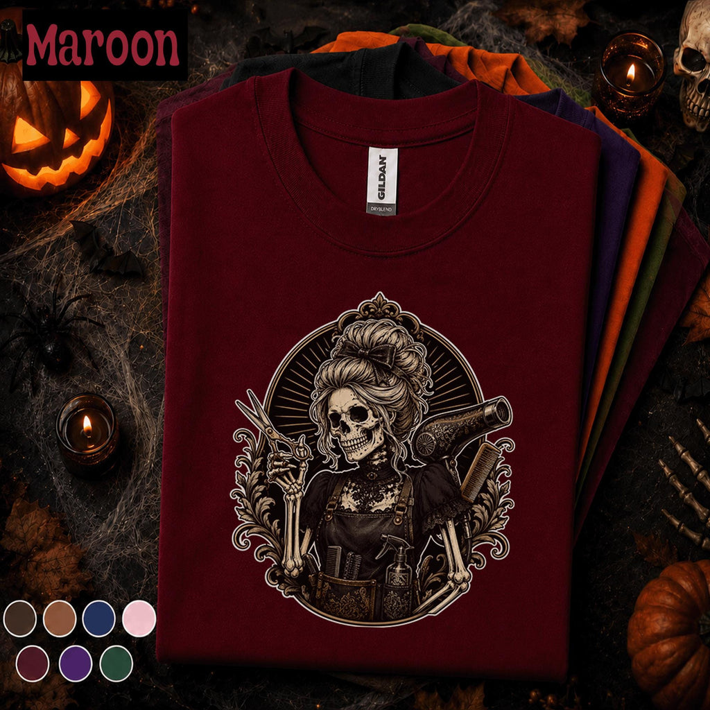 Skeleton Hairdresser Halloween Shirt, Gothic Hairstylist Tee, Spooky Salon Gift, Hair Stylist Halloween T-Shirt, Barber Cosmetology Tee