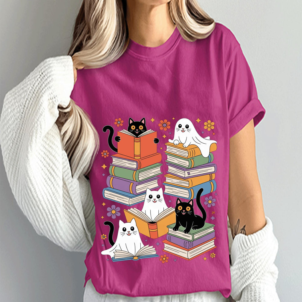 Halloween Cats Reading Books Shirt, Cute Ghost with Black Cats Book Tee, Spooky Book Club Sweatshirt, Cat Lover Halloween Reading Gift Shirt
