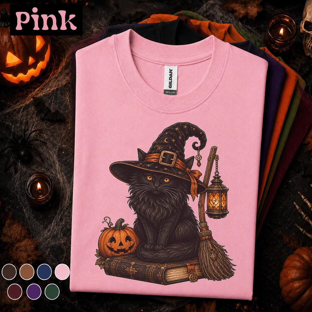 Black Cat Witch Halloween Shirt, Spooky Witchy Cat Tee, Pumpkin Magic Graphic Shirt, Gothic Fall Cat Lover Gift, Vintage Halloween Tee