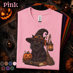 Black Cat Witch Halloween Shirt, Spooky Witchy Cat Tee, Pumpkin Magic Graphic Shirt, Gothic Fall Cat Lover Gift, Vintage Halloween Tee