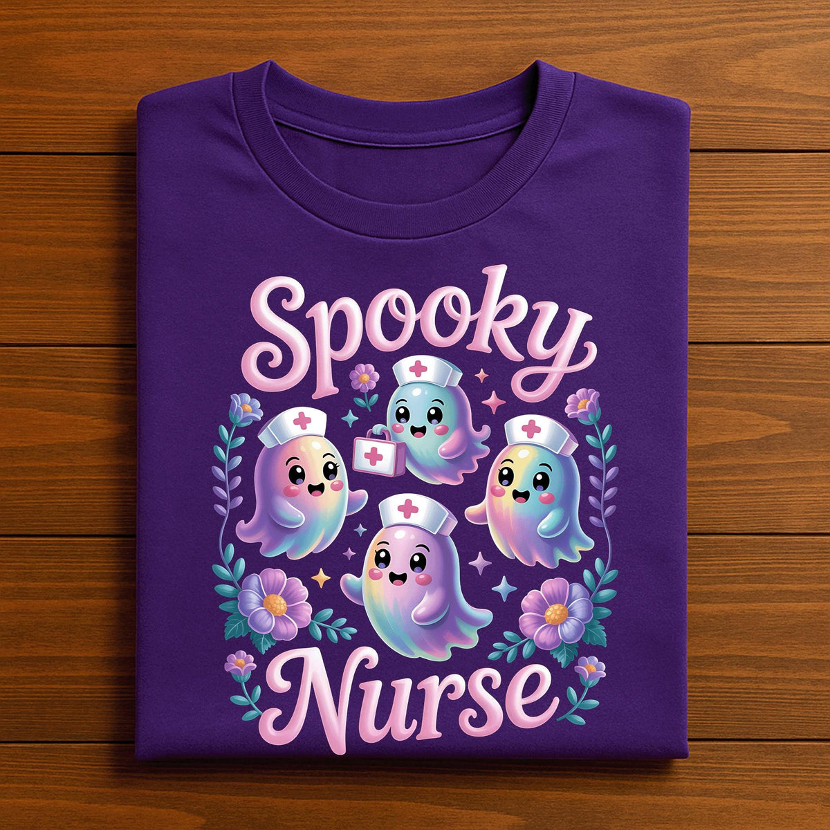 Spooky Nurse Halloween Shirt, Cute Pastel Ghost Nurses with Floral Accents