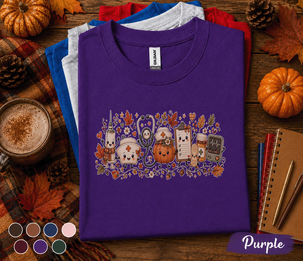 Cute Fall Nurse Shirt, Autumn Medical Pumpkin Tee, Kawaii Nurse Shirt, RN Fall Halloween Top, Cozy Healthcare Worker Gift, Nurse Autumn Tee