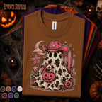 Pink Cowgirl Ghost Halloween Shirt, Western Spooky Season Tee, Cow Print Ghost T Shirt, Cowboy Halloween Gift for Her