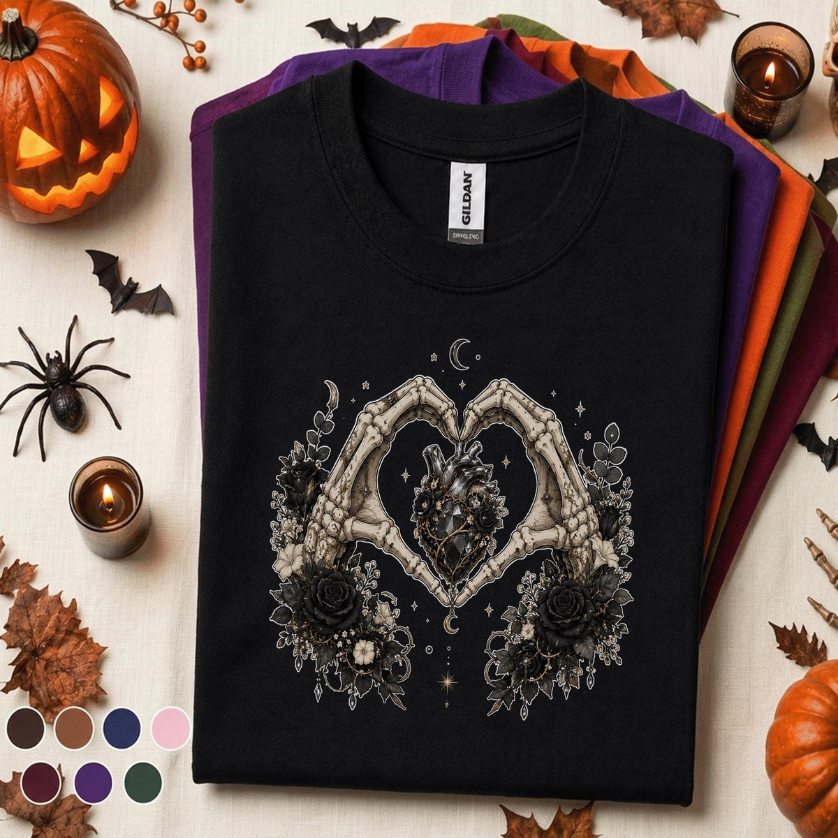 Gothic Skeleton Hands Halloween Shirt, Dark Floral Heart Tee