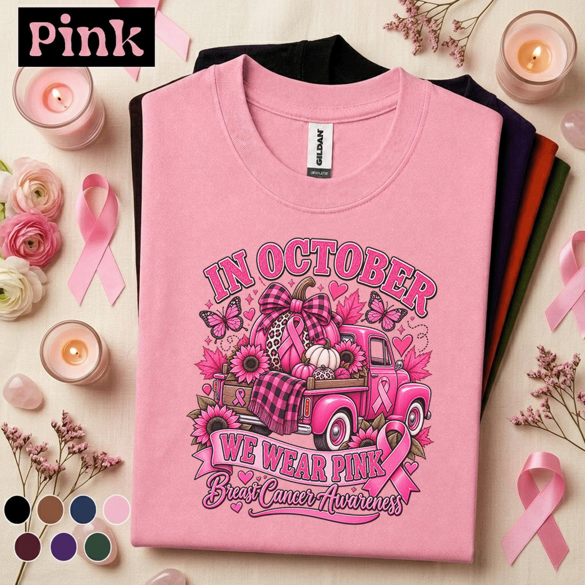 Breast Cancer Awareness Shirt, In October We Wear Pink Tee, Pink Ribbon Fall Truck Shirt, Survivor Fighter Support Gift for Women Mom