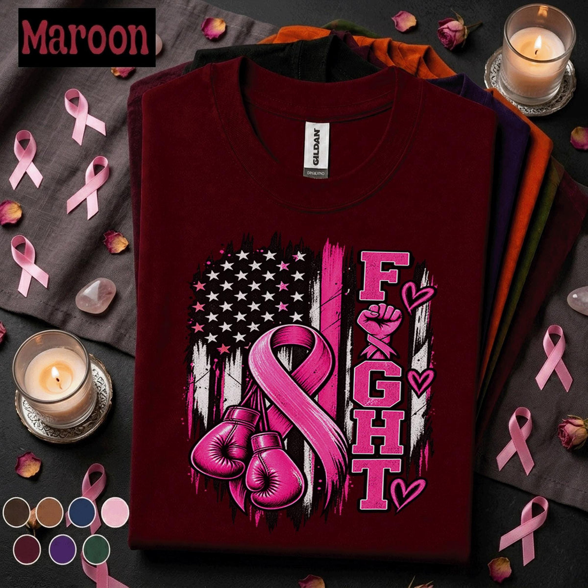 Breast Cancer Awareness Shirt, Fight Pink Ribbon Tee, Boxing Gloves Fighter Shirt, American Flag October Support Survivor Gift Women