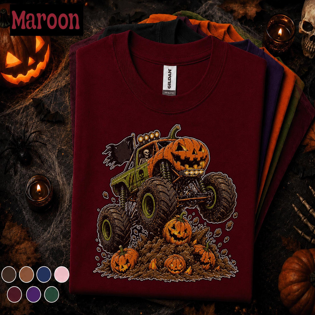 Pumpkin Monster Truck Halloween Shirt, Jack O Lantern Truck Tee, Spooky Racing T Shirt, Kids Skeleton Driver Halloween Gift for Truck Lovers