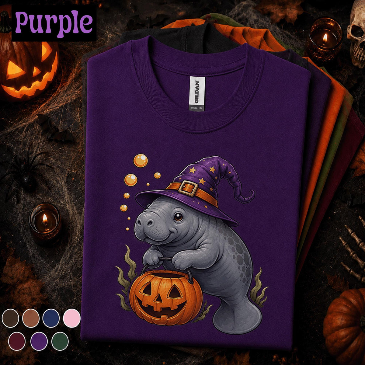Manatee Halloween Shirt, Cute Witch Manatee Tee, Pumpkin Shirt, Funny Ocean Animal Halloween Gift, Spooky Sea Cow Tee