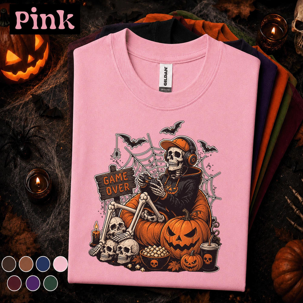 Halloween Gamer Shirt, Game Over Skeleton Tee, Spooky Gaming Tshirt, Pumpkin Gamer Gift, Retro Video Game Halloween Costume Kids Youth Boy