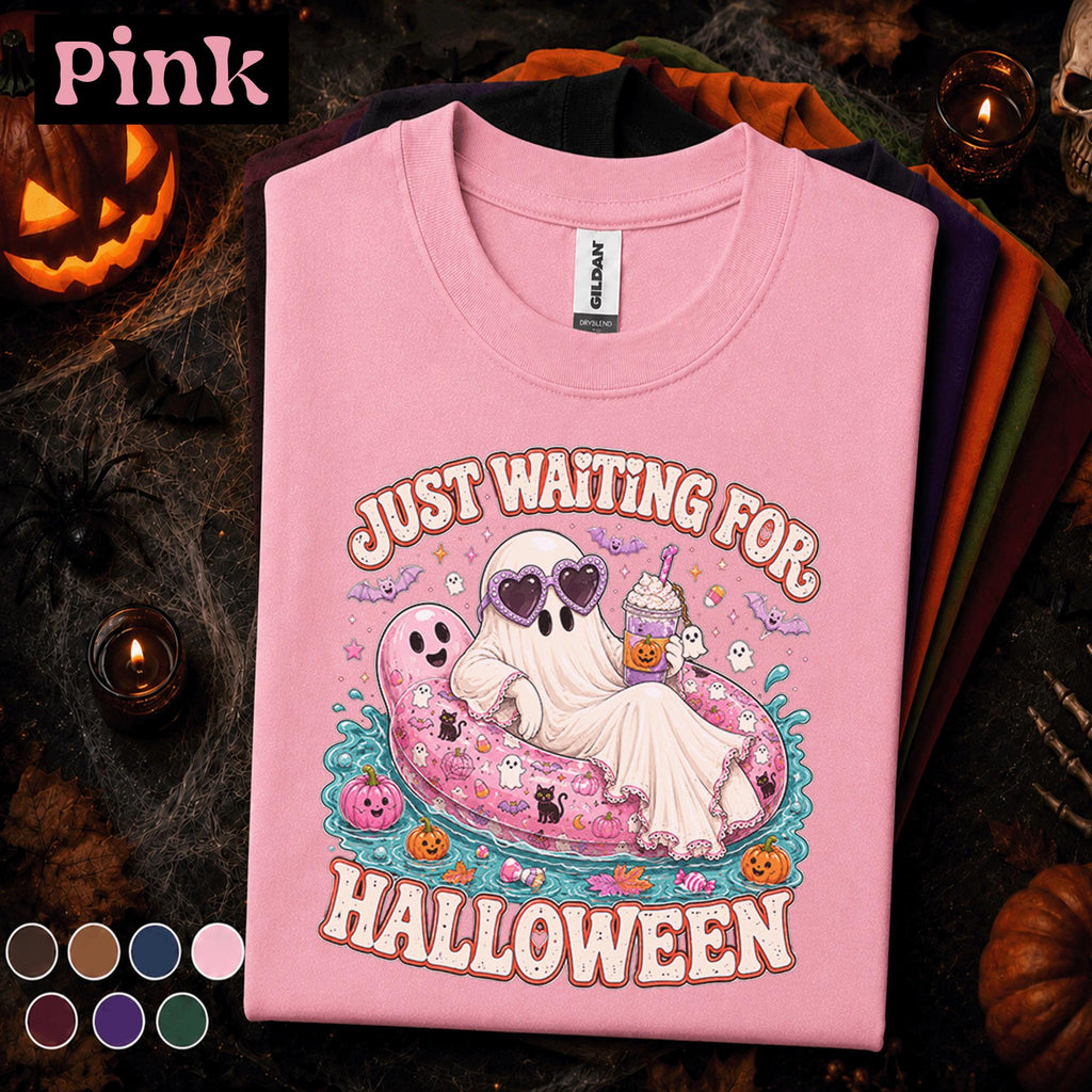 Just Waiting for Halloween Shirt, Cute Ghost Pool Float Tee, Pink Spooky Season, Funny Halloween Party Gift, Retro Ghost T Shirt