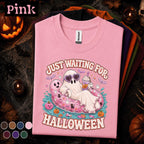 Just Waiting for Halloween Shirt, Cute Ghost Pool Float Tee, Pink Spooky Season, Funny Halloween Party Gift, Retro Ghost T Shirt