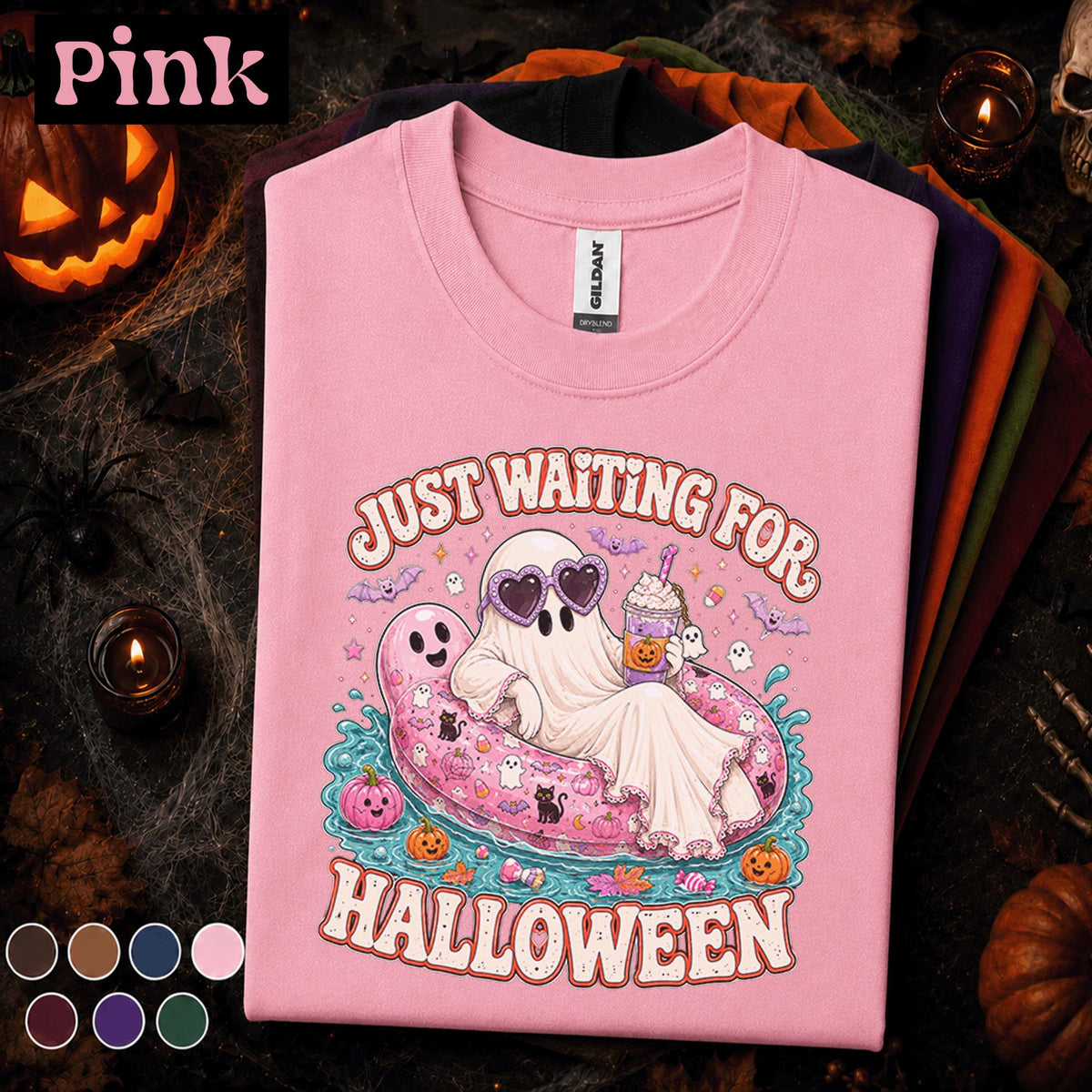 Just Waiting for Halloween Shirt, Cute Ghost Pool Float Tee, Pink Spooky Season, Funny Halloween Party Gift, Retro Ghost T Shirt