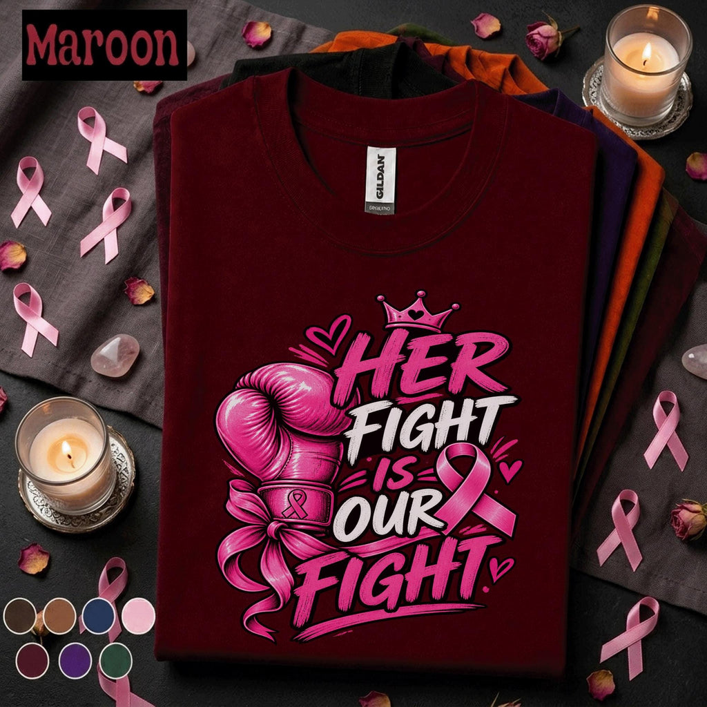 Breast Cancer Awareness Shirt, Her Fight Is Our Fight Tee, Pink Ribbon Boxing Glove Shirt, Support Squad Gift for Women Family Friends