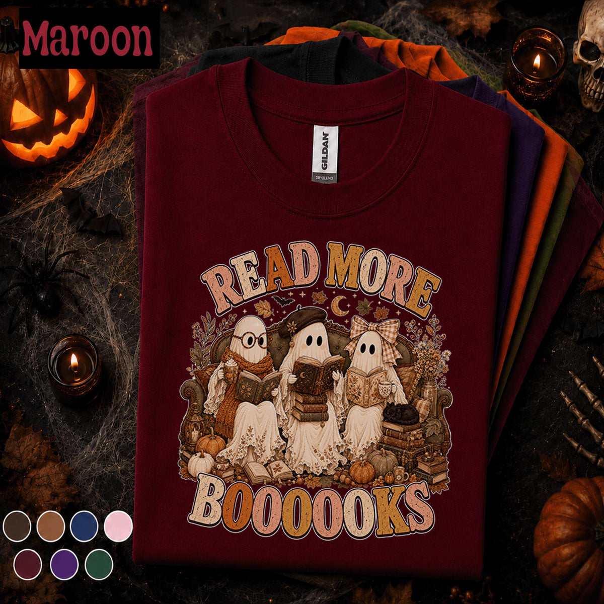 Read More Boooooks Halloween Shirt, Cute Reading Ghost Teacher Tee, Book Lover Spooky Season Shirt, Cozy Fall Librarian Gift Tee