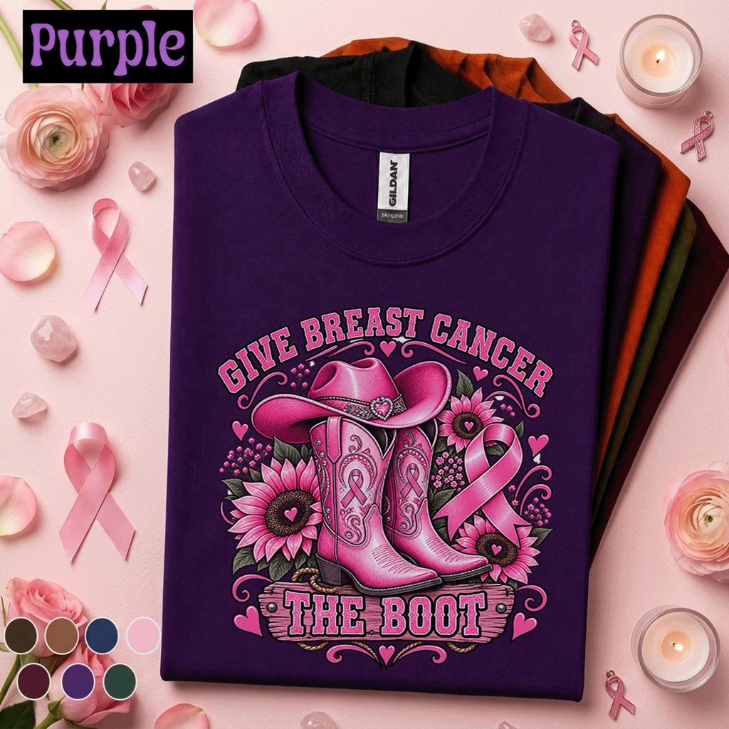 Breast Cancer Awareness Shirt, Give Breast Cancer the Boot Tee, Pink Ribbon Cowgirl Shirt, Western Cancer Fighter Gift for Women Mom