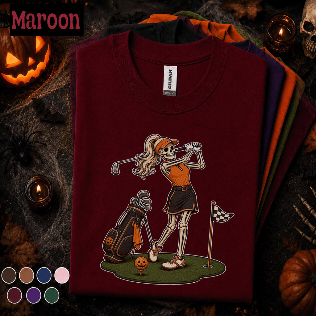 Skeleton Golfer Halloween Shirt, Funny Women Golf Tee, Spooky Golf Lover Gift, Pumpkin Golf Ball Shirt, Vintage Halloween Sports Tee