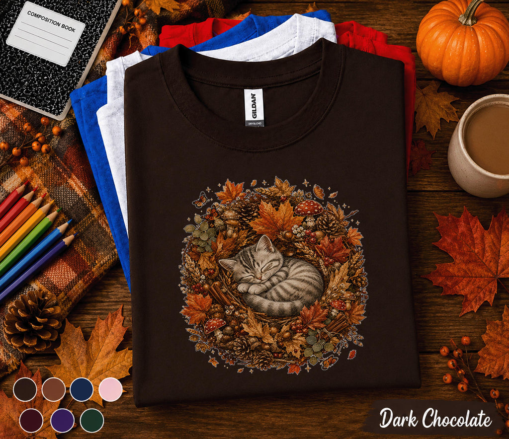 Cute Sleeping Fall Cat Shirt, Cozy Autumn Kitten Wreath Tee, Woodland Cat Lover T-Shirt, Pumpkin Season Thanksgiving Gift for Women