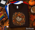 Cute Sleeping Fall Cat Shirt, Cozy Autumn Kitten Wreath Tee, Woodland Cat Lover T-Shirt, Pumpkin Season Thanksgiving Gift for Women