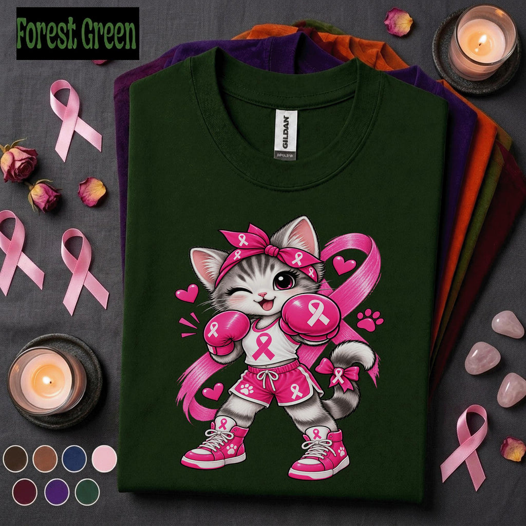 Breast Cancer Awareness Shirt, Cute Boxing Cat Pink Ribbon Tee, Cancer Fighter Support Shirt, Pink October Warrior Gift for Women Tee