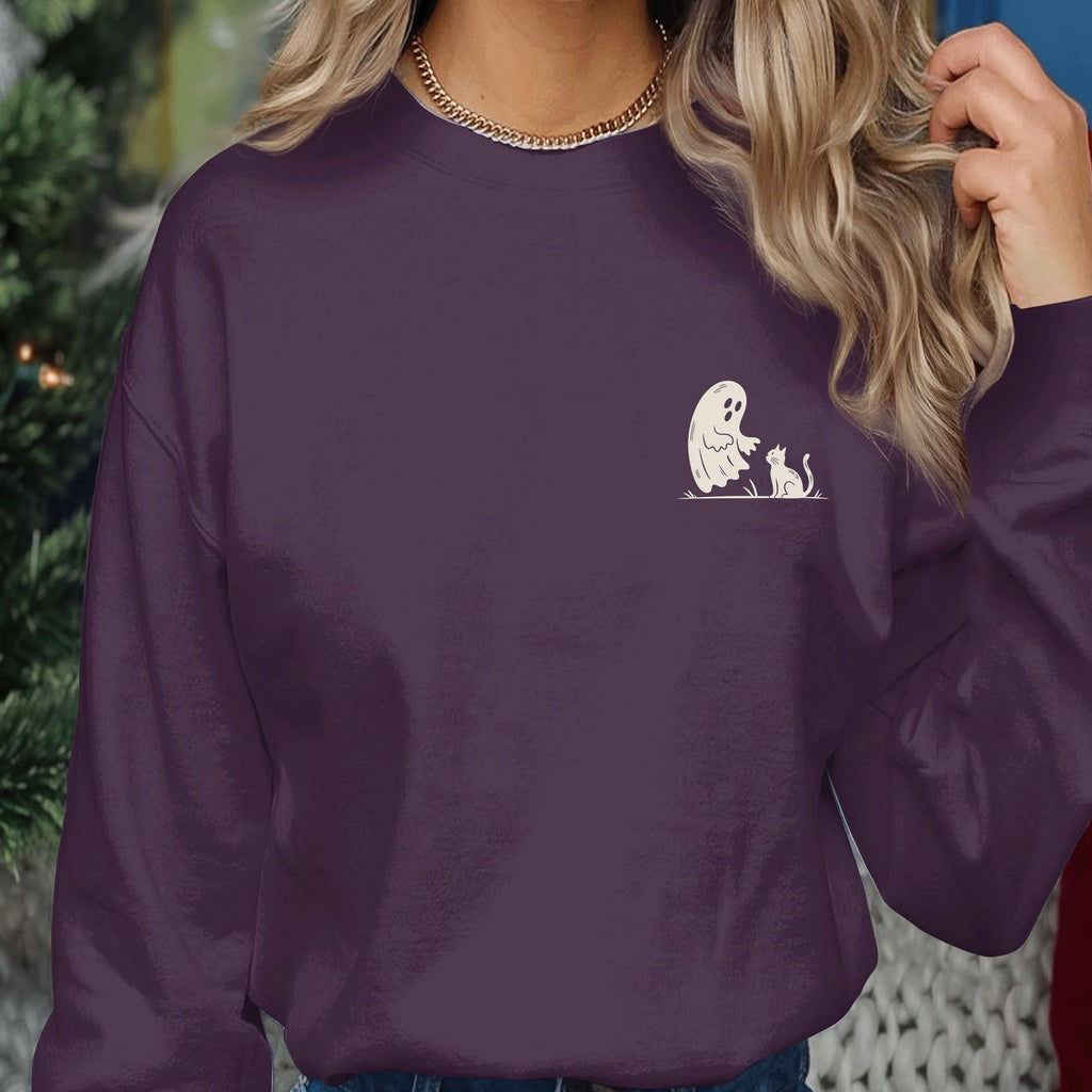 Ghost Cat pocket halloween shirt ghost and cat Sweatshirt, cute simple spooky style design, funny small chest print for halloween Cat Gift