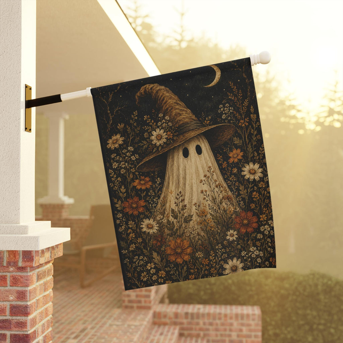 Ghost Witch Halloween Garden Flag, Floral Spooky Yard Decor, Witch Hat Ghost Flag, Vintage Autumn Halloween Outdoor Porch Decoration Fall