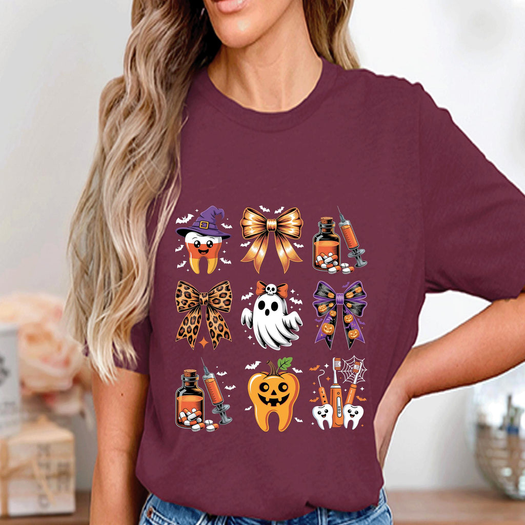 Dentist Halloween Dental Shirt Ghosts Pumpkins Teeth Bows, Spooky Dentist Hygienist Syringe Graphic Tee, Gift Dental Halloween Sweatshirt