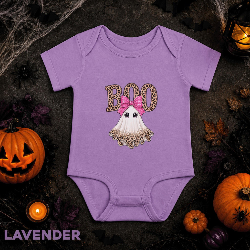 Leopard Ghost Baby Bodysuit, Pink Bow Halloween Outfit, Boo Infant Shirt, Girly Spooky Newborn Gift, First Halloween Baby Costume