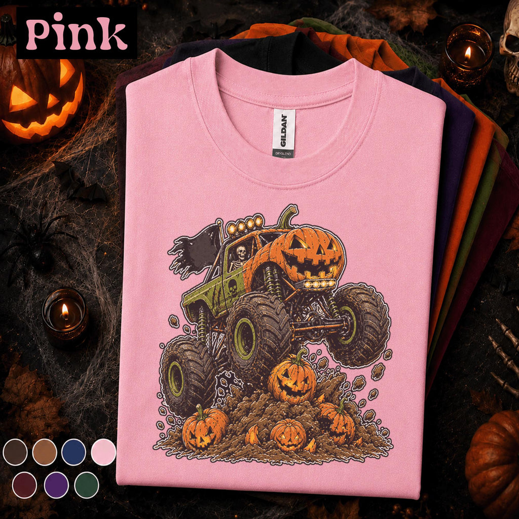 Pumpkin Monster Truck Halloween Shirt, Jack O Lantern Truck Tee, Spooky Racing T Shirt, Kids Skeleton Driver Halloween Gift for Truck Lovers