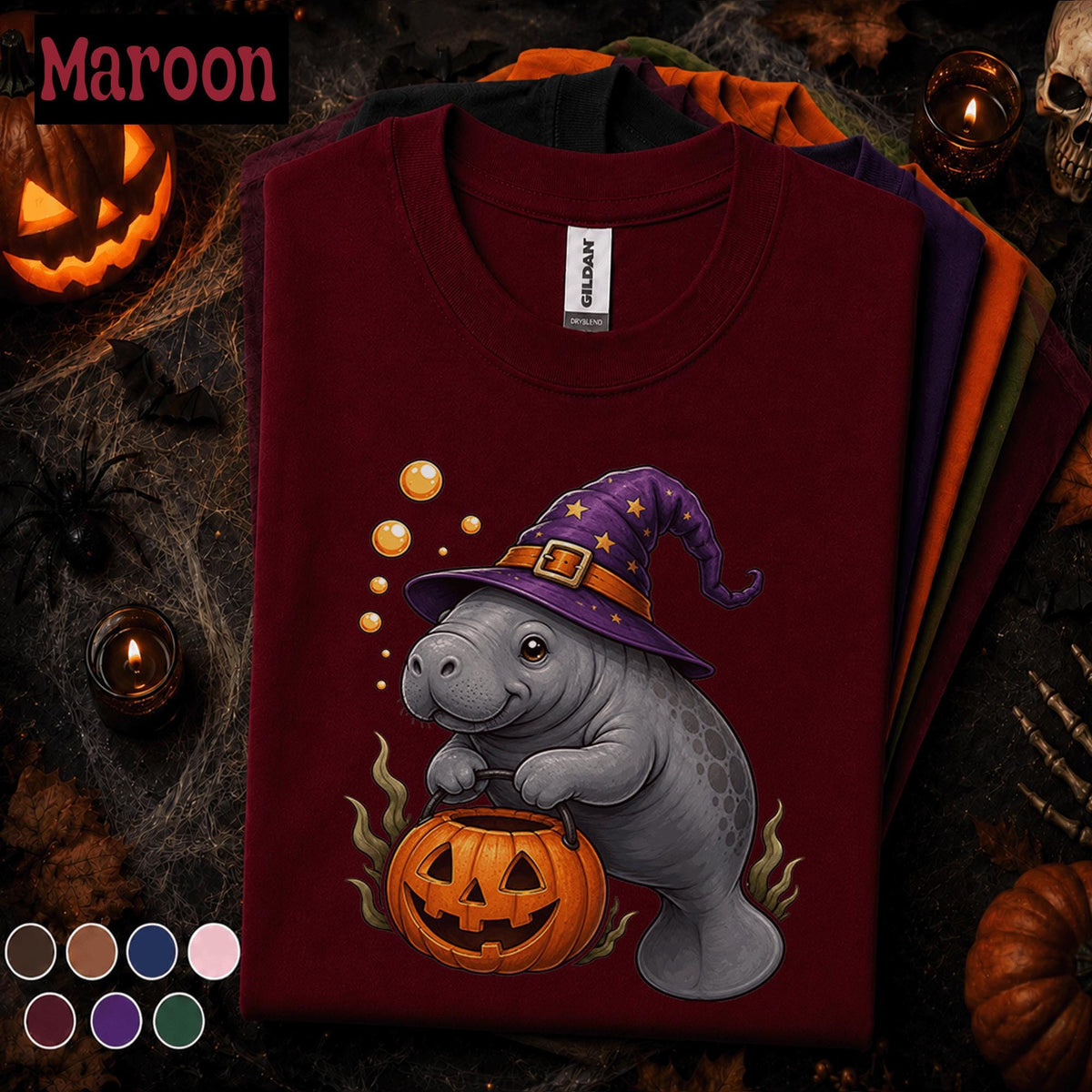 Manatee Halloween Shirt, Cute Witch Manatee Tee, Pumpkin Shirt, Funny Ocean Animal Halloween Gift, Spooky Sea Cow Tee