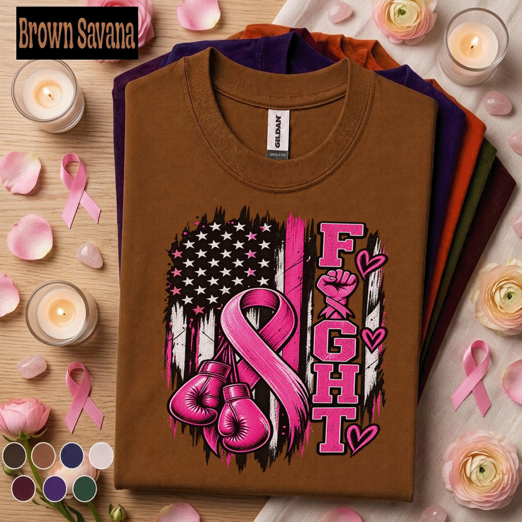 Breast Cancer Awareness Shirt, Fight Pink Ribbon Tee, Boxing Gloves Fighter Shirt, American Flag October Support Survivor Gift Women