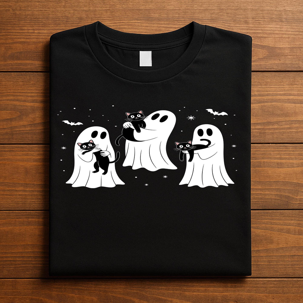 Ghost Cat halloween shirt cute ghosts holding black cats, spooky paranormal Tee
