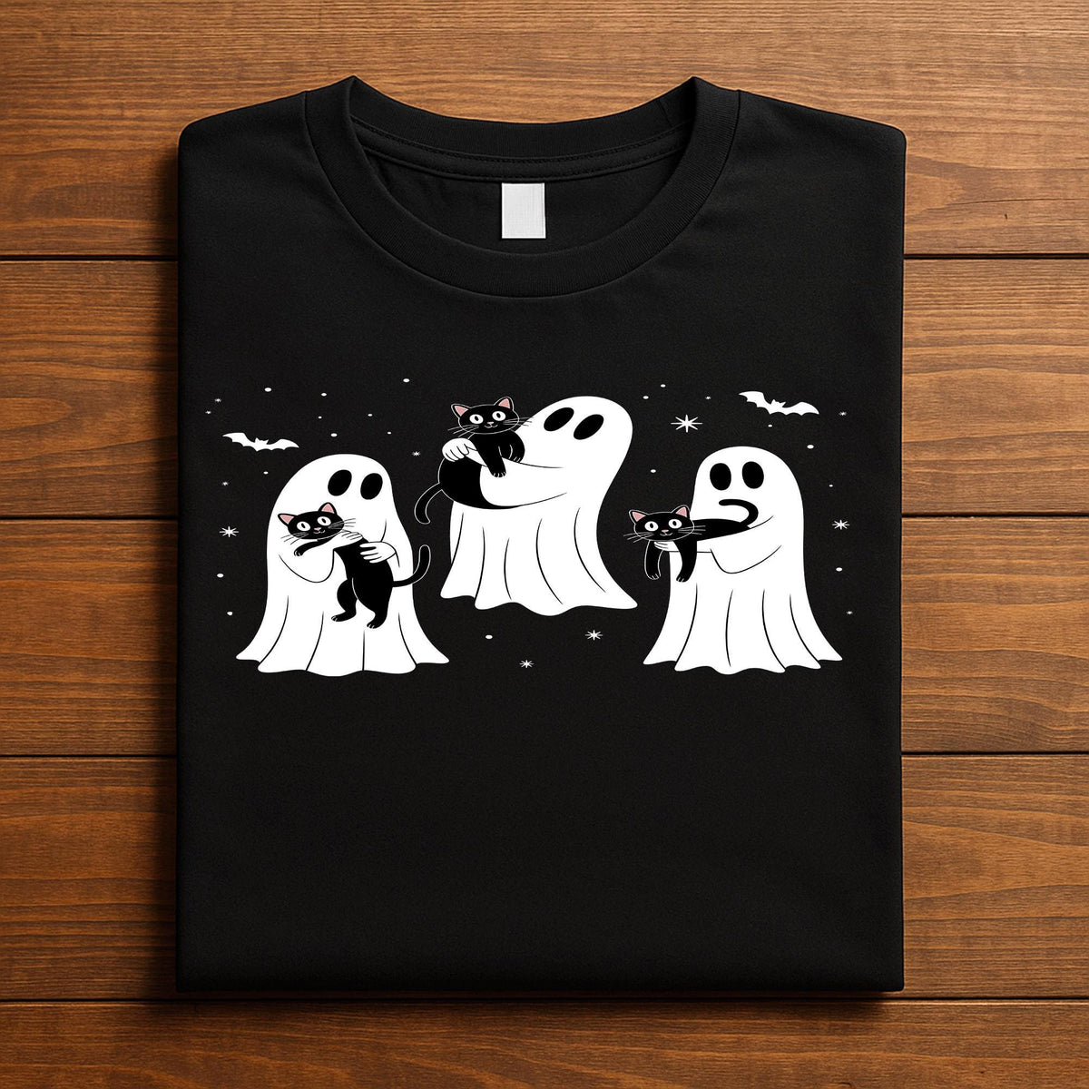 Ghost Cat halloween shirt cute ghosts holding black cats, spooky paranormal Tee
