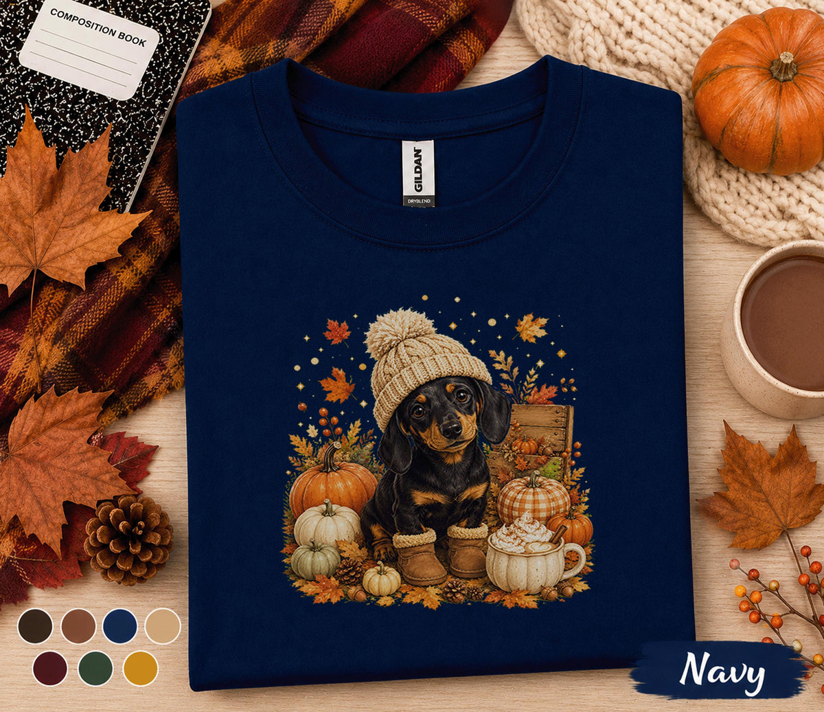 Cute Dachshund Fall Shirt, Cozy Autumn Wiener Dog Pumpkin Tee, Doxie Lover Sweatshirt, Thanksgiving Puppy, Dog Mom Gift, Fall Coffee Shirt