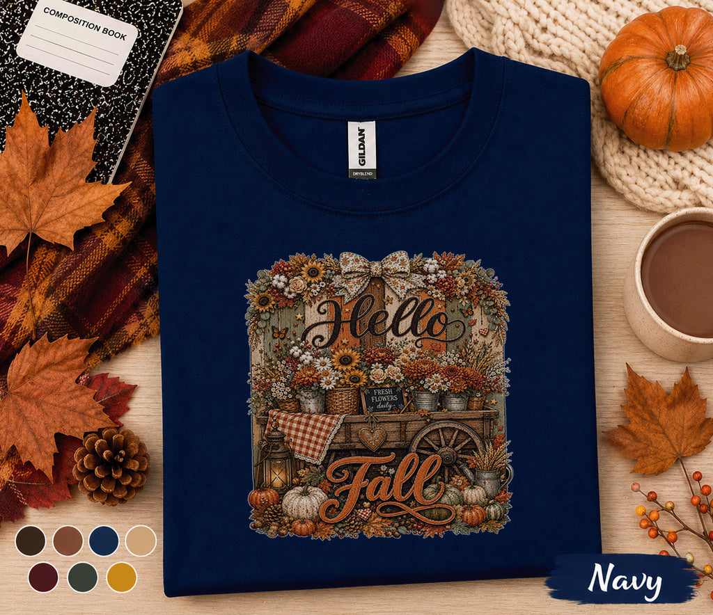 Hello Fall Shirt, Autumn Floral Wagon Tee, Pumpkin Harvest Shirt, Cozy Farmhouse Fall T-Shirt, Thanksgiving Gift for Her, Country Autumn