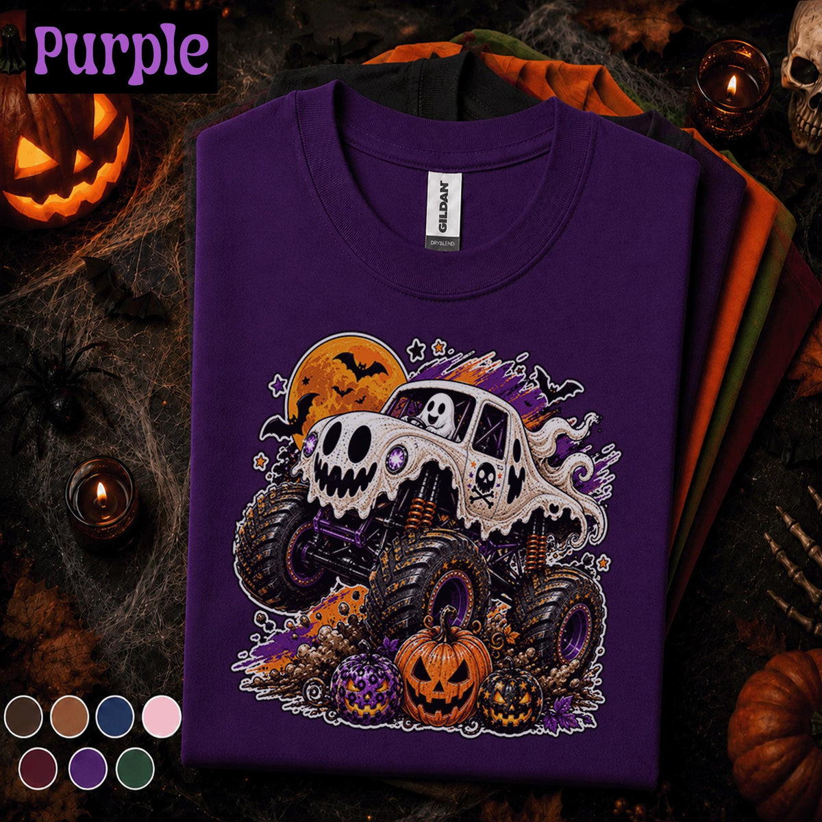 Ghost Monster Truck Halloween Shirt, Spooky Truck Pumpkin Tee, Cute Ghost Racing T Shirt, Halloween Monster Truck Gift for Kids Adults