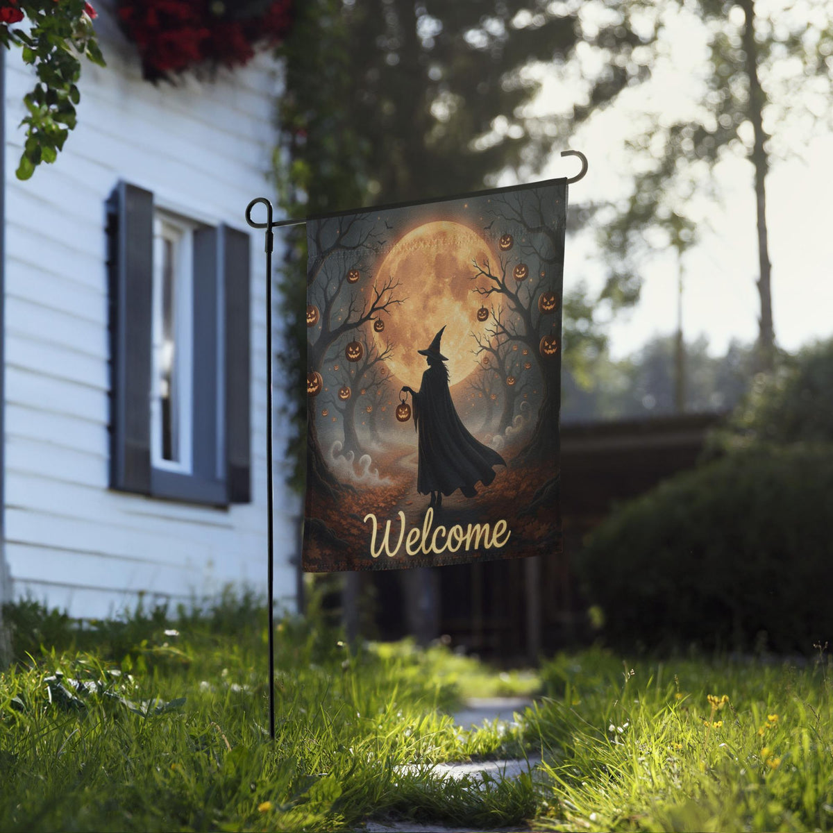 Witch Halloween Garden Flag with Pumpkin Lantern and Blood Moon, Spooky Welcome Yard Decor, Gothic Fall Outdoor Sign for Haunted House Vibes