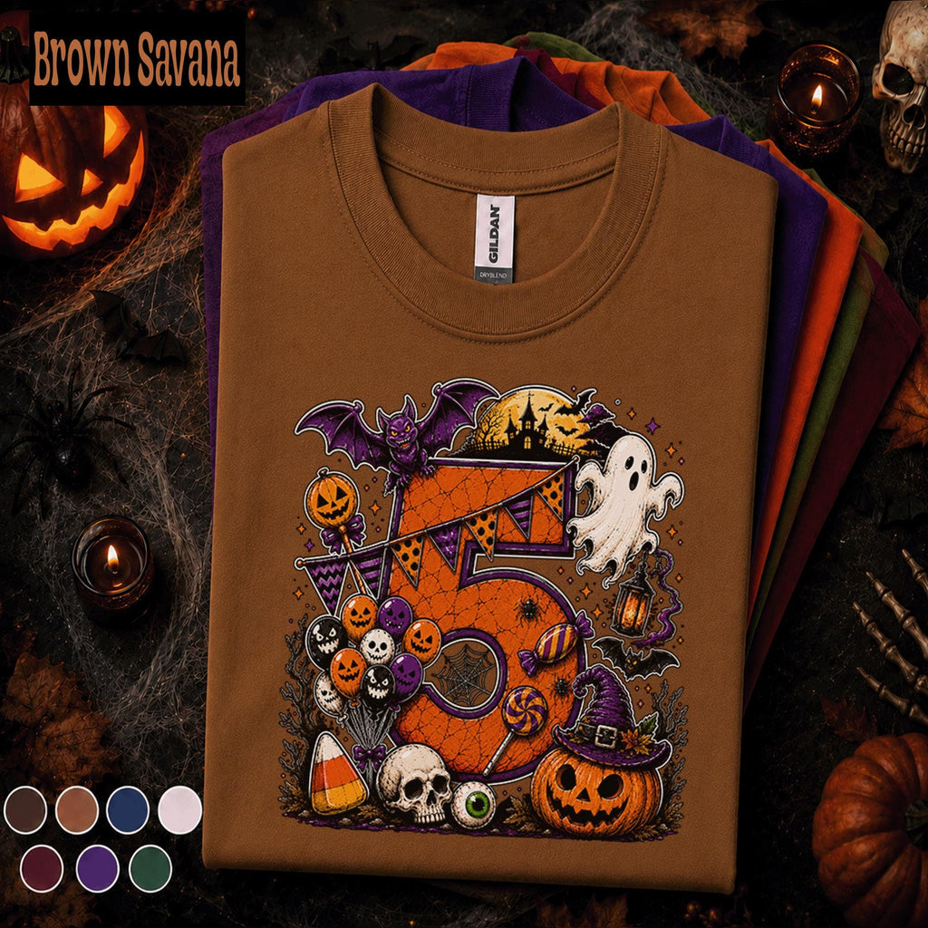 5th Birthday Halloween Shirt, Spooky Number 5 Tee, October Birthday Party Shirt, Ghost Pumpkin Witch Kids Halloween Gift for Girls Boys