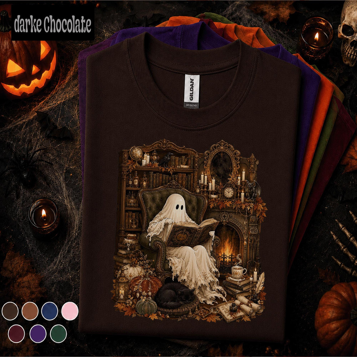 Cozy Ghost Reading Shirt, Vintage Halloween Tee, Spooky Book Lover Gift, Gothic Library Shirt, Autumn Pumpkin T Shirt, Witchy Fall Top