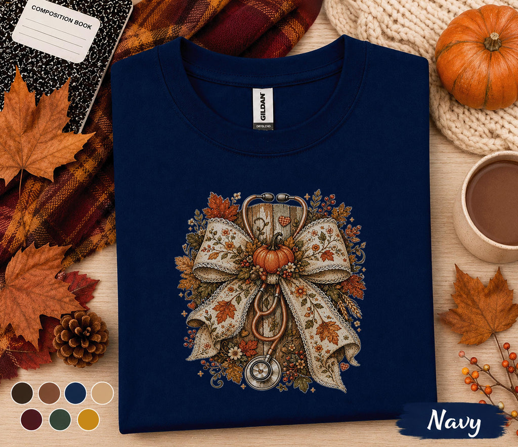 Fall Nurse Bow Shirt, Autumn Nurse Shirt, Floral Stethoscope Pumpkin Tee, Cozy RN Fall Shirt, Nurse Gift, Medical Worker Autumn Sweatshirt
