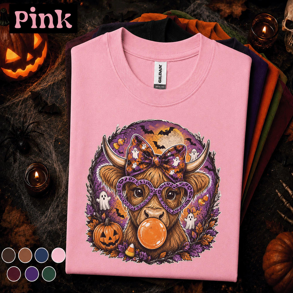 Highland Cow Halloween Shirt, Cute Spooky Cow Tee, Ghost Pumpkin T Shirt, Halloween Cow Gift, Retro Fall Farmhouse Tee For Her