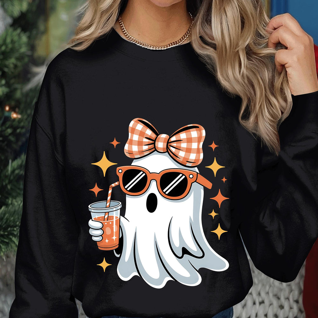 Trendy Ghost Halloween Shirt, Cute Ghost with Bow and Sunglasses Tee, Aesthetic Spooky Season Sweatshirt, Girly Ghost Halloween Gift Shirt